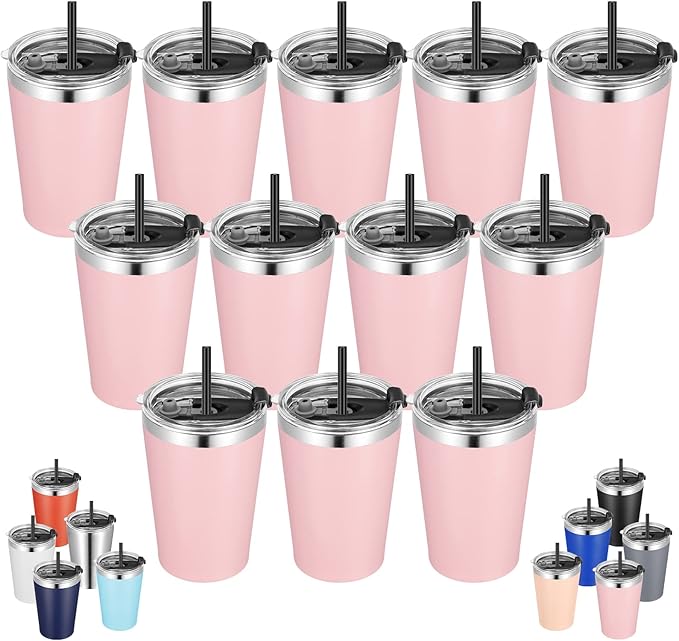 VEGOND 12oz Tumbler Stainless Steel Tumbler bulk Vacuum Insulated Double Wall Travel Tumbler with Lid and Straw Reusable Tumbler, Pink 12 Pack