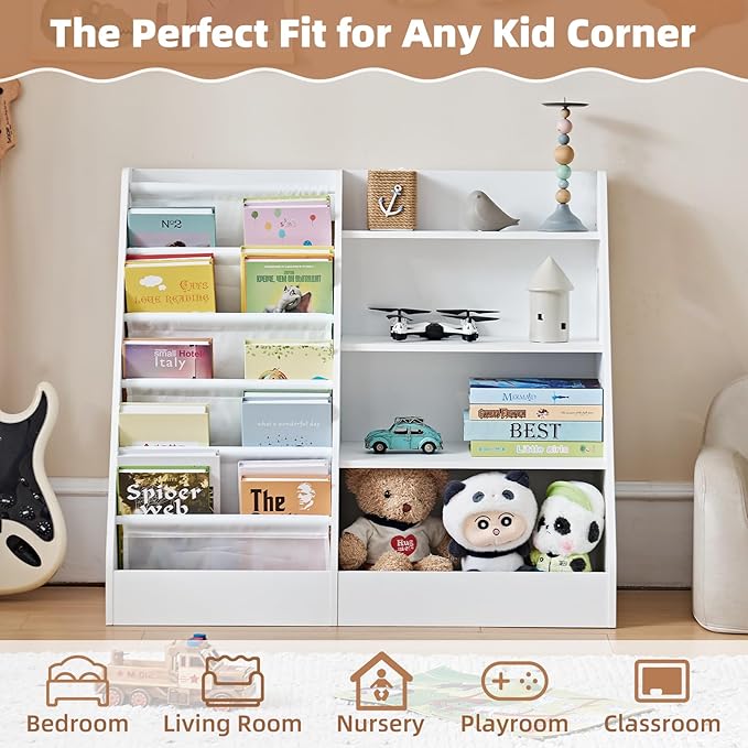 Lerliuo 4 Tier Kids Bookshelf and Storage Organizer, Five Layer Sling Children Bookcase, Baby Toddler Wooden Book Shelf, Display Cabinet for Playroom, Bedroom, Classroom, Nursery, School (White)