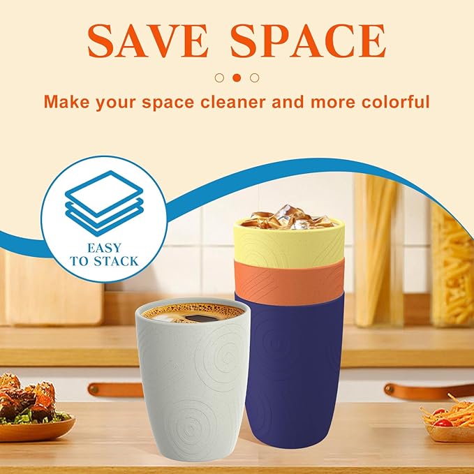 Homienly Wheat Straw Drinking Set of 4, Alternatives to Plastic, Reusable for Kitchen, Kids, Unbreakable Glasses 12 OZ, Dishwasher and Microwave Safe - Mondrian Colors