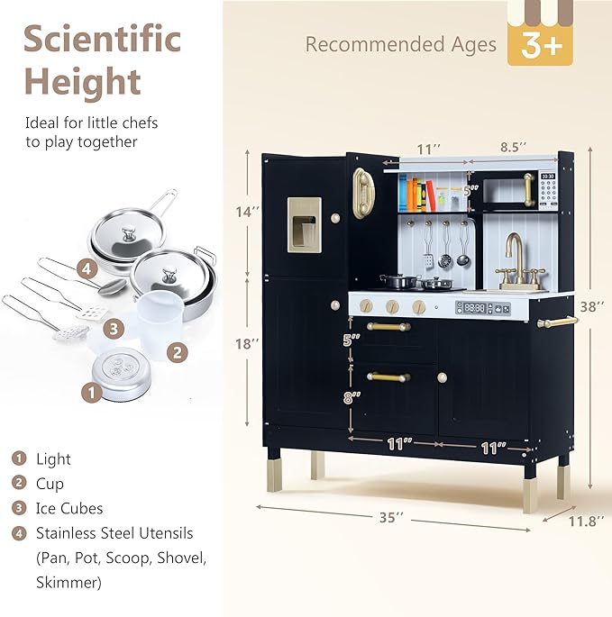 Kinder King Wooden Kids Play Kitchen, Kitchen Playset for Toddler Kid, Play Kitchen Toy Set w/Real Sounds, Pretend Microwave Oven, Ice Maker, Telephone, Gift for Boys Girls Age 3+,Black