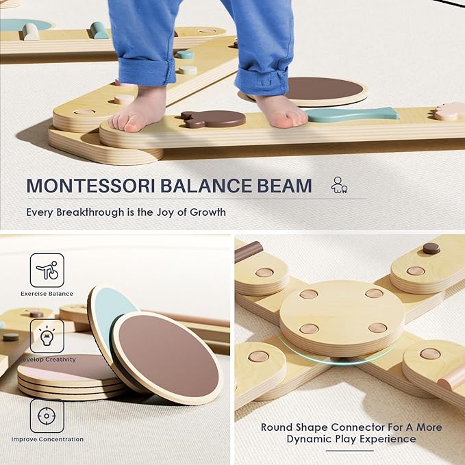 BlueWood Balance Beam for Kids 3-5, Toddler Sensory Wooden Toys and Stepping Stones, Build Coordination Gymnastics Obstacle Motor Skill for Kid