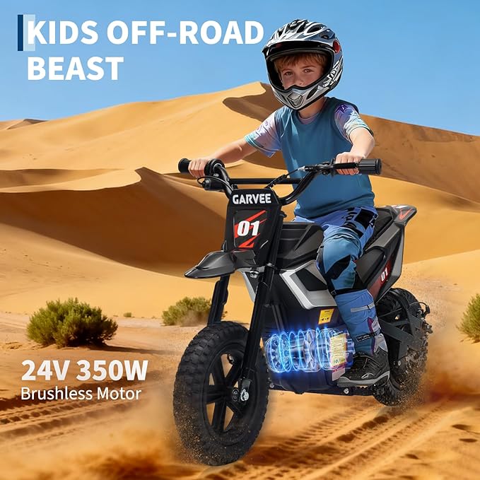 24V Electric Dirt Bike for Kids, 350w Electric Motorcycle for Kids - Up to 13.67Mile/h Long-Range, Ride on Motorcycle with Rear Wheel Suspension, 12 Miles Range, Twist Grip Throttle, Rubber Tire,