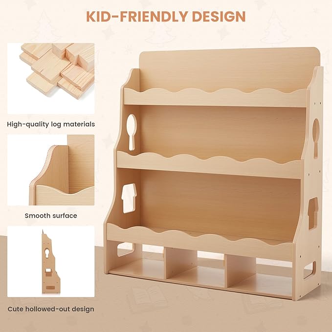 4-Tier Kids Book Shelf, Wooden Toddler Bookshelf with Toy Organizer, Montessori Nursery Bookcase for Boys Girls Bedrooms Playroom Classroom