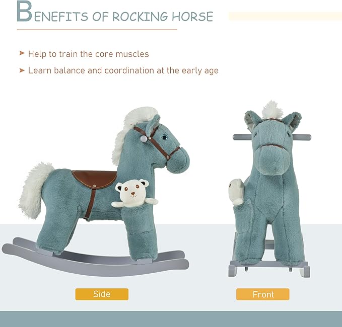 Qaba Kids Plush Ride-On Rocking Horse with Bear Toy, Children Chair with Soft Plush Toy & Fun Realistic Sounds, Blue