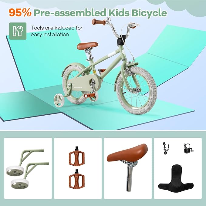 BABY JOY Colorful Macarons Kids Bike, 12 14 16 18 Inch Sporty Children's Bicycle with Training Wheels, Adjustable Handlebar & Saddle, Handbrake & Coaster Brake, Boys Girls Bike for 3-8 Years Old