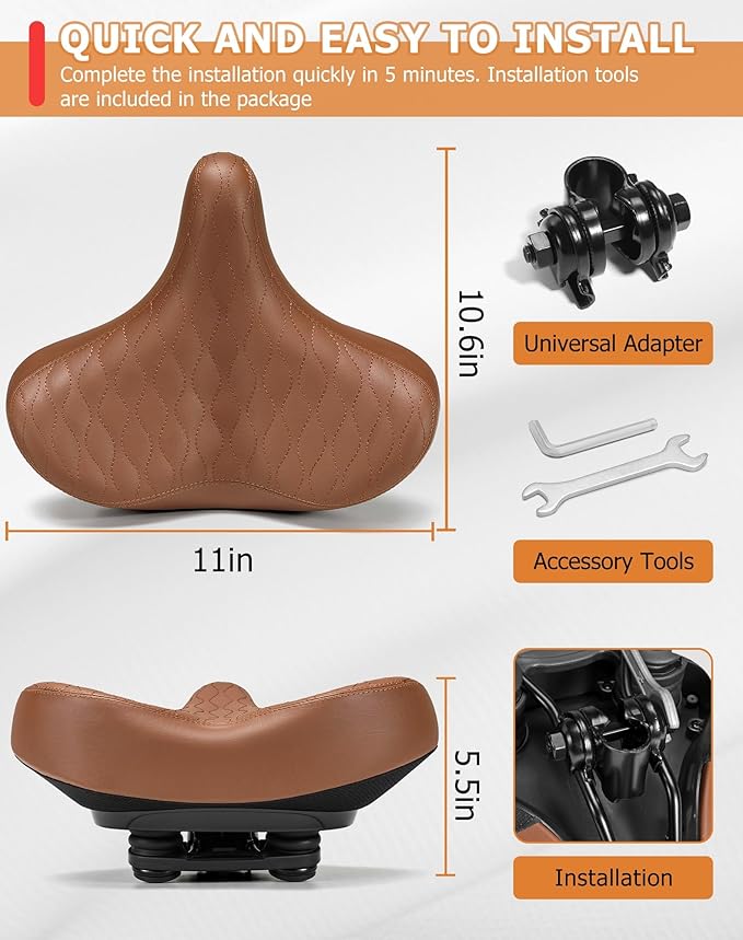 Wide Bicycle Seats for Comfort Men & Women, Oversized & Extra Soft Padded Bike Seat Cushion, Comfortable Large Bike Saddle for Ebike, Mountain Bike, Beach Cruiser, Stationary Exercise Bike