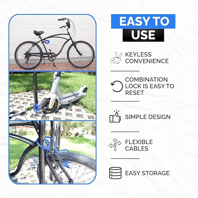 DockLocks Security Cable Lock Set (4' or 6') Coiled, Keyless Resettable Combination, Mounting Bracket, Portable and Compact for Bikes, Scooters 6ft