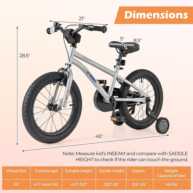 BABY JOY Outer Space Kids Bike, 14 16 18 Inch Sport Bicycle for 3-8 Years Old w/Adjustable Saddle, Training Wheels, Widened Tyre, Handbrake & Coaster Brake, 95% Pre-Assembled Girls Boys Bike