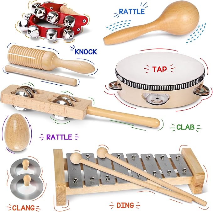 LOOIKOOS Toddler Musical Instruments International Natural Wooden Music Set for Toddlers and Kids - Eco Friendly Preschool Educational Musical Toys with Storage Bag