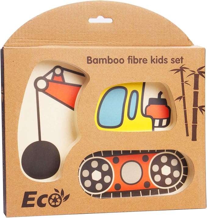 Kid Plate Set Bamboo Toddler Plates Dinnerware Dinner Dish Set Baby Feeding Spill Proof Divided Plate - Baby Spoon and fork 3-Piece Set for Kids and Toddlers Teaches Child Portion Control