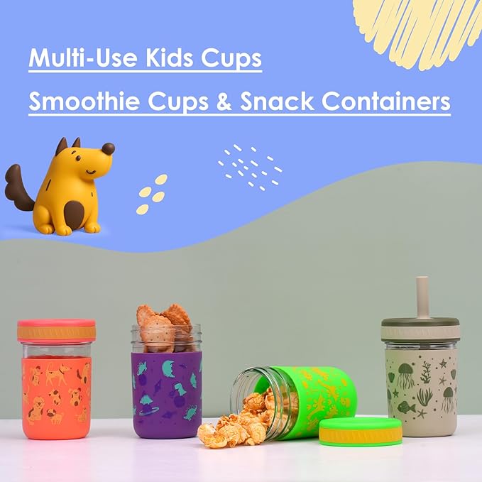Sursip Toddler Glass Sippy Cups, Kids Baby 12 oz Spill-Proof Water Tumbler with Straw and Lids, Smoothie Snack Mason Jar For Travel School or At Home, 4 Packs