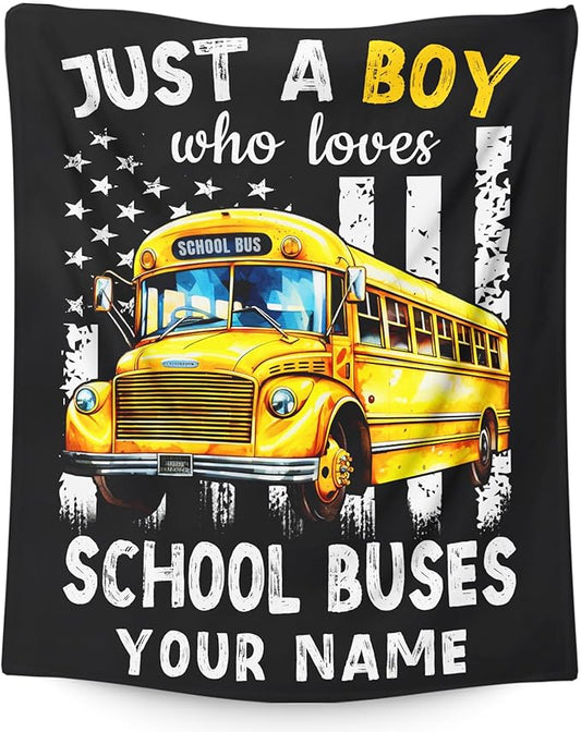 Custom School Bus Blanket for Boys, Cute Throw Blanket Gifts for Kids Truck Lovers, Personalized 30x40 Inches Black Soft Fuzzy Blankets for Sofa Couch Bed