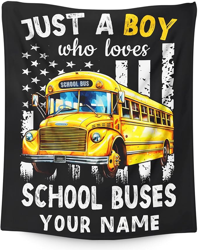 Custom School Bus Blanket for Boys, Cute Throw Blanket Gifts for Kids Truck Lovers, Personalized 50x60 Inches Black Soft Fuzzy Blankets for Sofa Couch Bed Travel