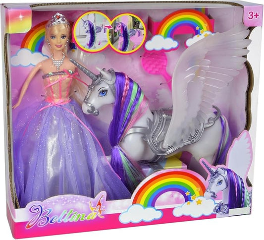 BETTINA Color Change Unicorn and Fairy Tale Princess Doll, W/Mane Brush, Girls' Unicorn Doll Toys Gifts, Presents for Girl Kids Aged 3+, Rainbow Braided Hair Horse Princess
