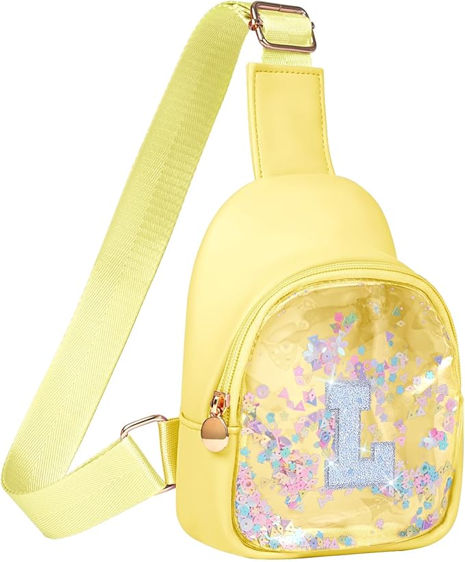 COSHAYSOO Personalized Christmas Birthday Gifts Burr Basket Stuffers for Girls Yellow Purse Sling Bag Crossbody Girl Cute Funny Cool Mini Travel Fashion Accessories Monogrammed Initial Letter L