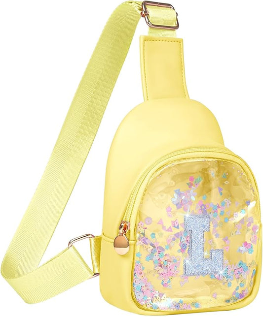 COSHAYSOO Personalized Christmas Birthday Gifts Burr Basket Stuffers for Girls Yellow Purse Sling Bag Crossbody Girl Cute Funny Cool Mini Travel Fashion Accessories Monogrammed Initial Letter L