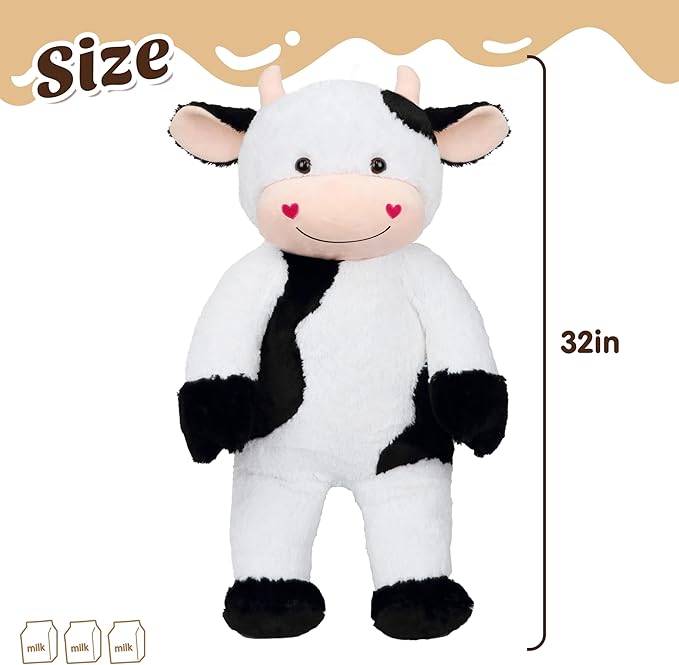 32" Large Cow Stuffed Animal, Giant Soft Plush Fluffy Cow Toy Birthday Holiday Party Gifts for Kids Girls Boys