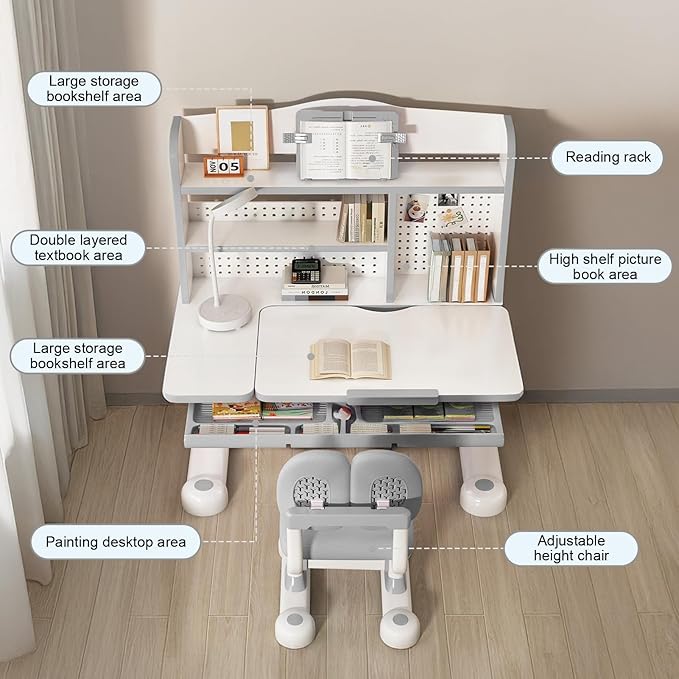 Upgraded Kid's Desk and Chair Set, Adjustable Children's Study Table with Bookshelf and Storage Drawer, 50-Degree Tiltable Desktop with Chair for Bedroom (Grey 125cm)