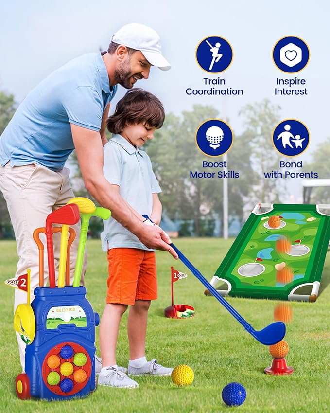 KINGTOP Toddler Golf Set with Putting Mat & Cornhole Board, Kids Golf Clubs 3-5 Years Old with 10 Balls, 4 Clubs, 2 Holes & Cart, Indoor Outdoor Toddler Sports Toys