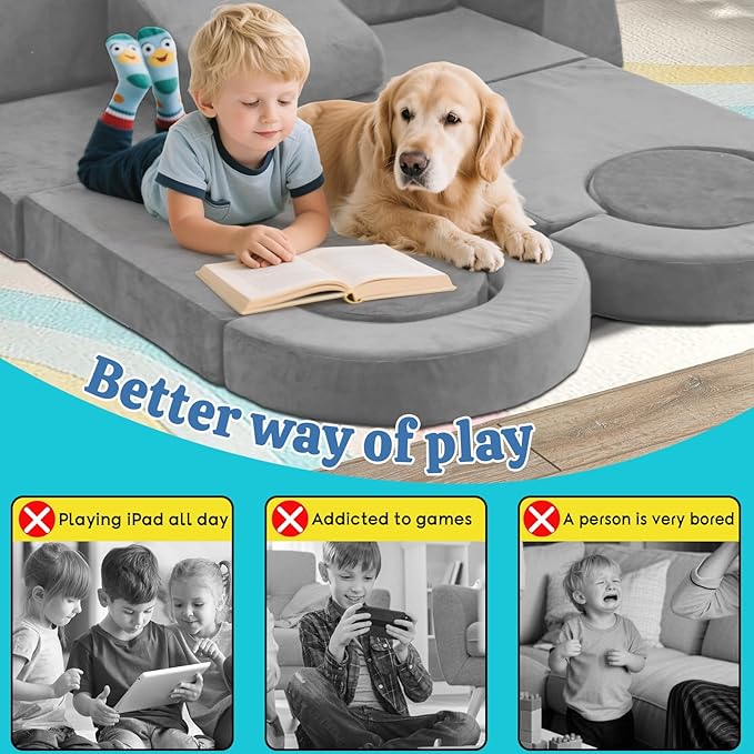 13Pcs Modular Kids Play Couch Toddler Couch Kids Sofa Playroom Furniture Convertible Foam and Floor Cushion Highly Elastic Foam for Boys and Girls (Light Gray)