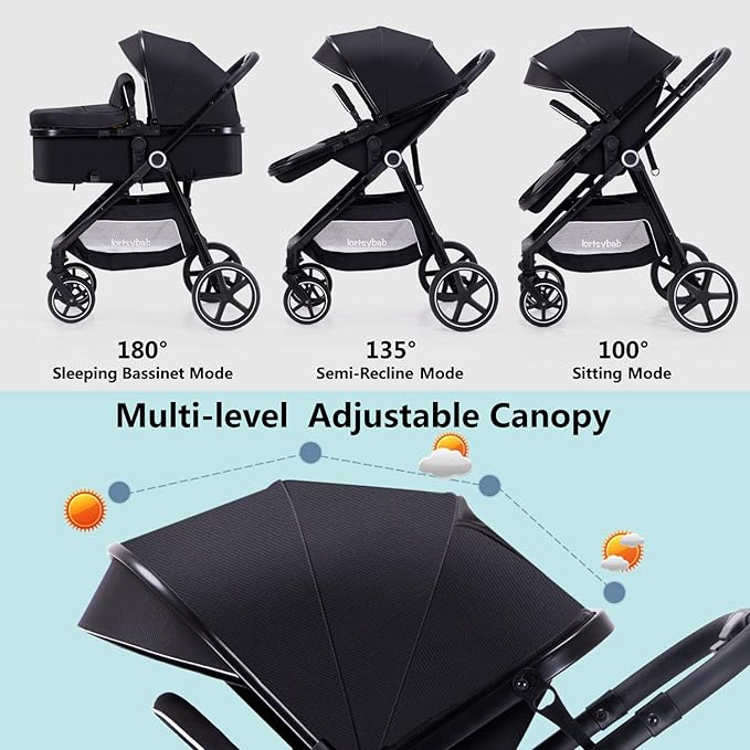 2-in-1 Baby Stroller - Folding Infant Newborn Pram Stroller with Reversible Seat - Toddler Strollers for 0-36 Months Old Babies