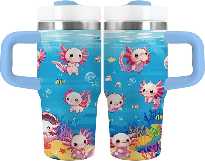 Axolotl Gifts for Girls - 14oz Blue Kids Axolotl Tumbler with Handle and Straw, Stainless Steel Insulated Water Cup, for Sport, School, Travel - Axolotl Lovers Gift for Children Birthday Gift Cup(1pc)