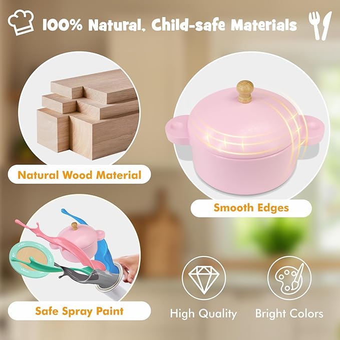 Wooden Toy Plates and Dishes for Kitchen Set, 30PCS Montessori Play Kitchen Accessories for Toddlers with Toy Pots and Pans, Wooden Play Cooking Set for 3-8 Years Girls & Boys