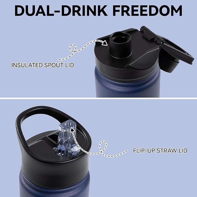 16 oz Insulated Water Bottle for School, Straw & Spout Lid, Keep Cold 24H, Spill Proof, BPA-Free, Double Wall Stainless Steel Kids Water Bottles for Sports, Gym, Travel, Navy Blue