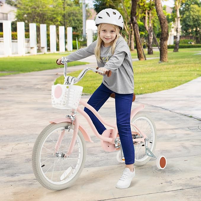 COSTWAY Kids Bike, 12 14 16 18 Inch Toddler Bike Children Bicycle w/Training Wheels, Hand & Coaster Brakes, Adjustable Saddle & Handlebar, Basket, Bell, Kids Bicycle for Girls Boys Aged 3-8 Years Old