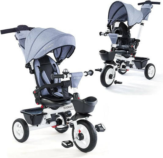 Baby Trike, 6-in-1 Kids Tricycle with Adjustable Push Handle, Removable Canopy, Safety Harness for 18 Months - 5 Year Old(Light Grey)