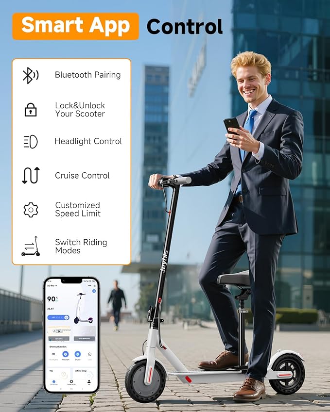 Electric Scooter Adults, Powerful 350W E-Scooter, Max 19 Mph & 15-19 Miles Range Scooters, Folding Scooters with 8.5" Solid Tires, Commuting Scooter Kick Scooter with APP Control (Seats Optional)
