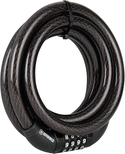 BRINKS 6 ft Outdoor Bike Lock Cable, Thick, Anti Theft Self-Coiling Design, Resettable 4-Dial Combination, Heavy-Duty Steel, 5/16" Weather-Resistant Vinyl Coating for Bikes (5/8" Heavy Duty 1PK, 6FT)