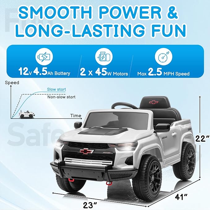 Winado Licensed Chevrolet Colorado Electric Car for Kids, 12V Ride on Toys for Toddlers with Remote Control, Battery Powered Electric Car Ride On Vehicle w/Bluetooth, Soft Start, LED Lights - White