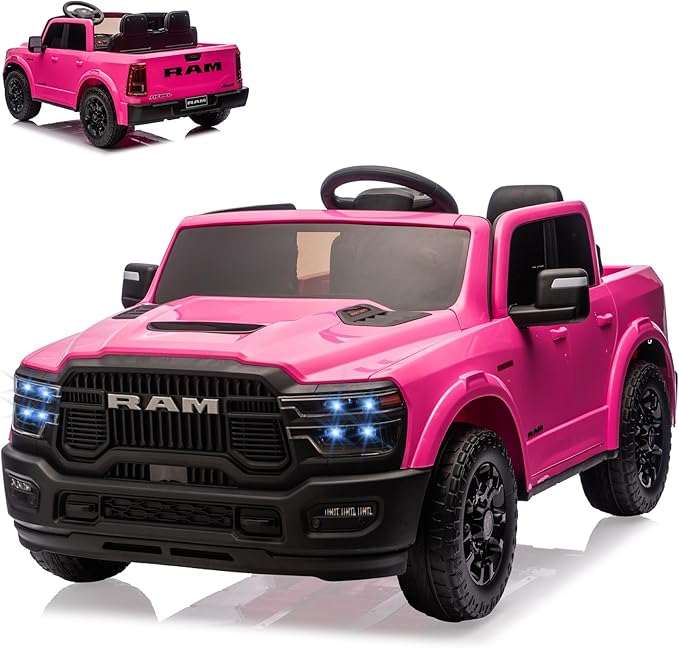 24V Ride on Car Licensed RAM 2500, 2 Seater Ride on Car for Kids w/Remote Control, Toddler Electric Car w/Truck Bed, 3 Speed, LED Lights, Bluetooth, Suspension, Gifts for Boys Girls, Pink