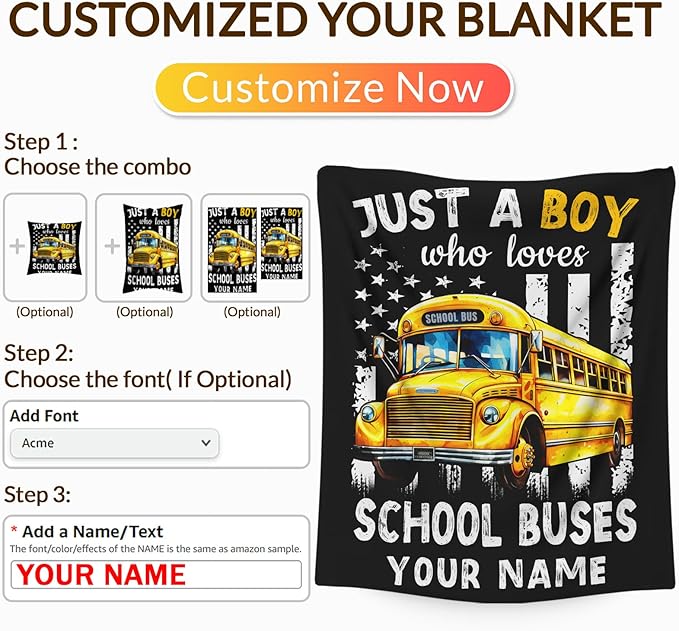 Custom School Bus Blanket for Boys, Cute Throw Blanket Gifts for Kids Truck Lovers, Personalized 60x80 Inches Black Soft Fuzzy Blankets for Sofa Couch Bed Travel