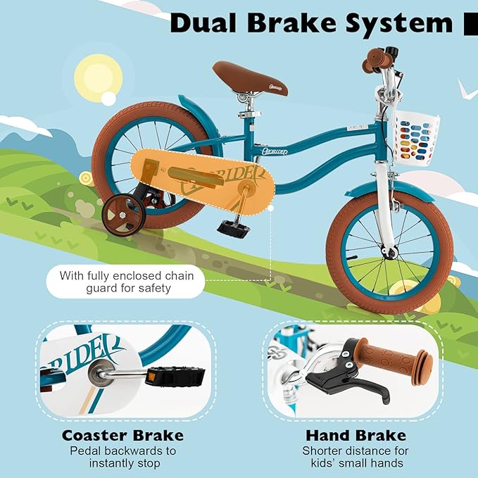 BABY JOY Kids Bike, 12 14 16 18 20 Inch Boys Girls Bike w/Adjustable Seat, Removable Basket, Handbrake & Coaster Brake, Training Wheels or Kickstand, Kids Bicycle with Multi-Color