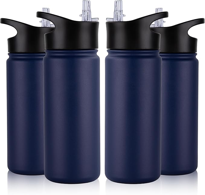 16 oz Insulated Water Bottle Bulk 4 Pack, Straw & Spout Lid, Keep Cold 24H, Spill Proof, BPA-Free, Double Wall, Stainless Steel Kids Water Bottles for School, Sports, Navy Blue