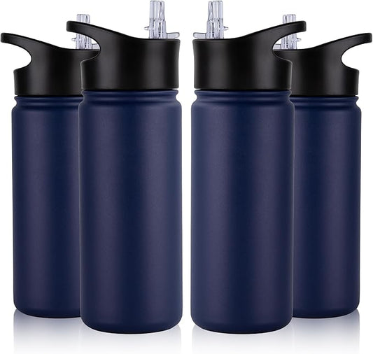 16 oz Insulated Water Bottle Bulk 4 Pack, Straw & Spout Lid, Keep Cold 24H, Spill Proof, BPA-Free, Double Wall, Stainless Steel Kids Water Bottles for School, Sports, Navy Blue