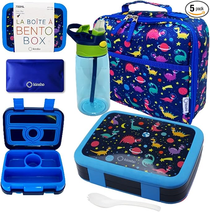 Bento Lunch Box with Bag, Water Bottle & Ice Pack Set for Kids Toddlers, 4 Portion Sections, Removable Tray, Pre-School Boy Toddler Daycare Lunches, Insulated Snack Container, Blue Space Dinosaur