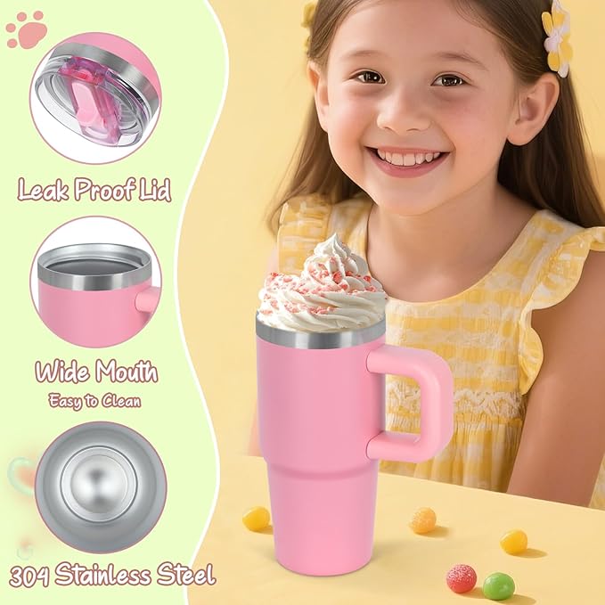 Cosictic 14 Oz Flip Straw Tumbler with Handle for Kids, Stainless Steel Double Wall Insulated Cup for Children with Flip Top Lid, 14 Oz Leak-proof Cups for Kids, Pink