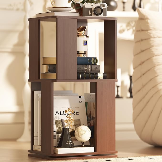 2 Tier Solid Wood Rotating Bookshelf Tower on Wheels, 360° Upgrade Spinning Book Shelf, Revolving Bookcase Organizer, Swivel Bookshelves for Small Spaces, Corner, Bedroom, Kids Room, Office (Walnut)