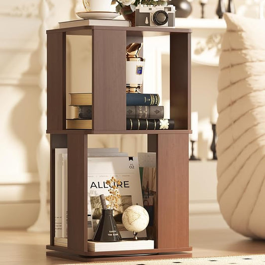 2 Tier Solid Wood Rotating Bookshelf Tower on Wheels, 360° Upgrade Spinning Book Shelf, Revolving Bookcase Organizer, Swivel Bookshelves for Small Spaces, Corner, Bedroom, Kids Room, Office (Walnut)