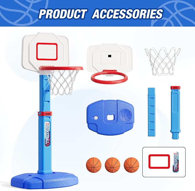 Toddler Basketball Hoop, Adjustable Height Indoor Basketball Hoop for Kids 1-3, Foldable Mini Basketball Goal with 3 Balls, Outdoor Poolside Sport Toy, Birthday for Baby Boys Girls