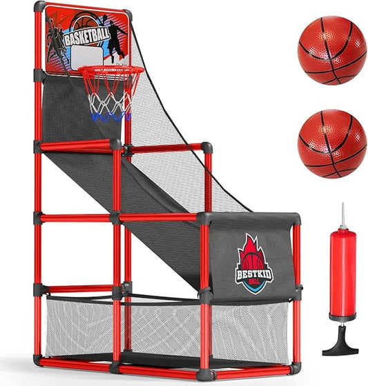 BESTKID BALL Kids Basketball Hoop Single Shot System Arcade Game Set: Indoor & Outdoor Sports Toys for Boys & Girls, Includes Ball, Ideal Party Gifts for Little Athletes Ages 3-9.