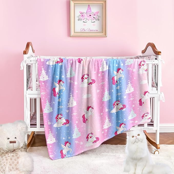 Wajade Kids Pink Unicorn Blanket for Girls,Soft Fleece Kids Blanket for Couch Sofa Bedroom, Unicorn Castle Clouds Throw Blanket for Kids,60"x80"