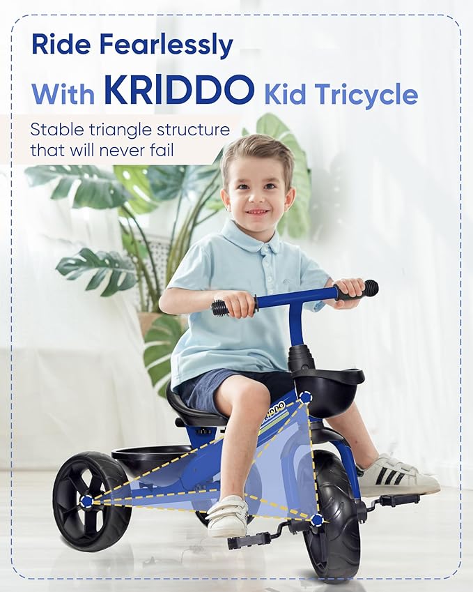 KRIDDO Kids Tricycles Age 24 Month to 4 Years, Toddler Kids Trike for 2.5 to 5 Year Old, Gift Toddler Tricycles for 2-4 Year Olds, Trikes for Toddlers, Sporty Styling, Blue