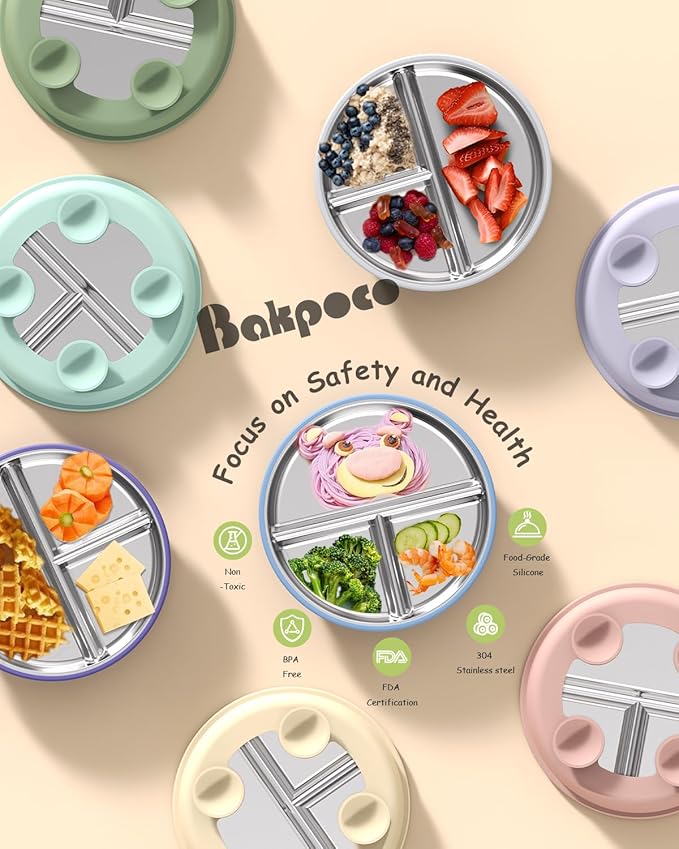 8" Stainless Steel Toddler Plates with Suction, Divided Plates with Removable Silicone Sleeves for Baby, Non Toxic & BPA Free |Unbreakable |Dishwasher Safe Dinnerware Set of 3, Blue Gray Sage