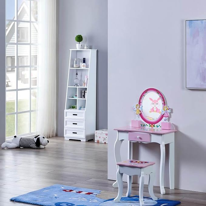 Wooden Vanity Set for Kids with Mirror and Stool, Flower & Butterfly-Themed Makeup Dressing Table and Chair for Girls, with Pull-Out Drawer and Jewelry Boxes