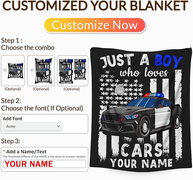 Custom Car Blanket for Boys, Cute Throw Blanket Gifts for Kids Cars Lovers, Personalized Name 60x80 Inches Black Soft Fuzzy Blankets for Sofa Couch Bed Travel