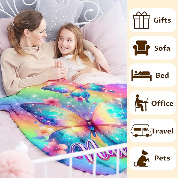 Butterfly Blankets for Girls Custom Throw Blankets Gift for Kids Children - 40x50 Inches Small Soft Fuzzy Personalized Name Flannel Accessories Throw Gifts for Travel Camp Couch